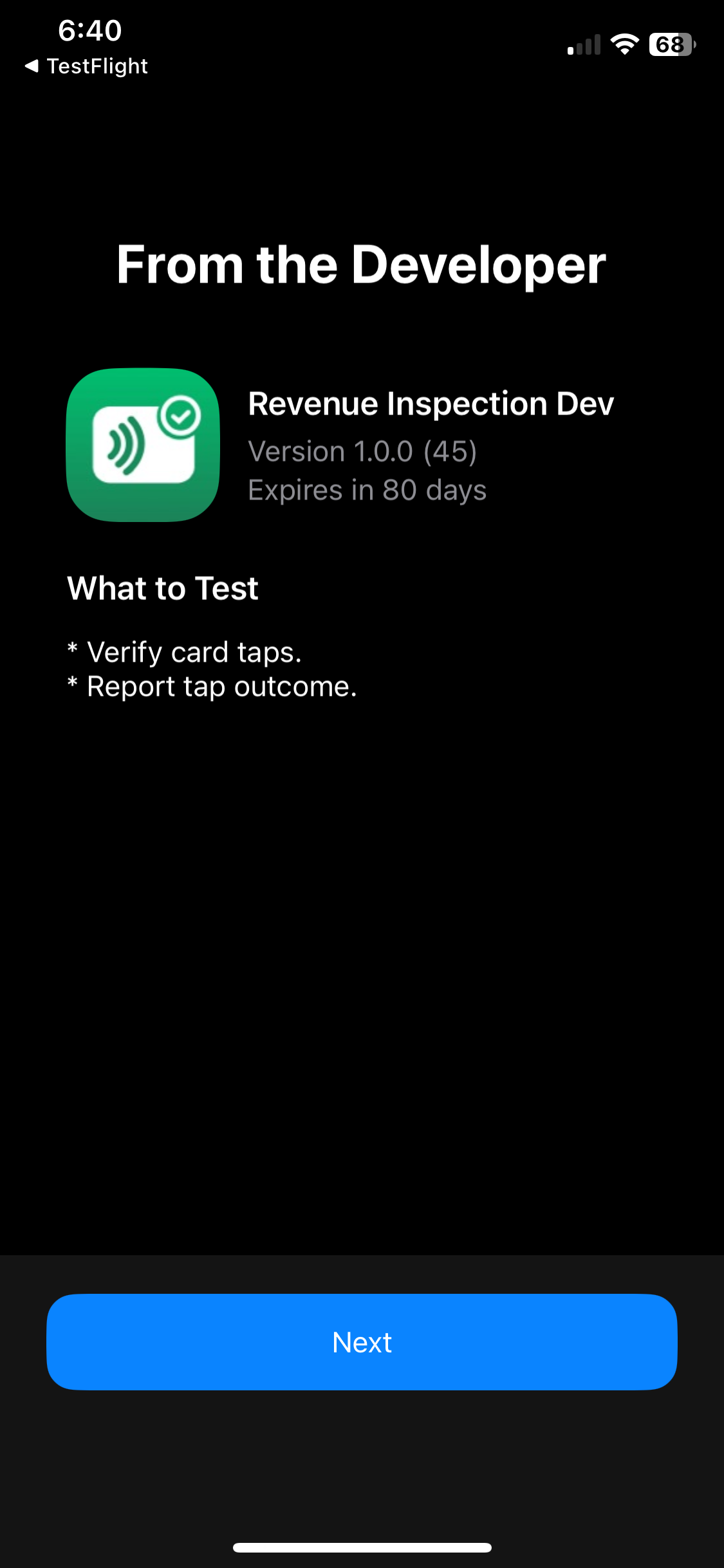 TestFlight Revenue Inspection onboarding screen.png