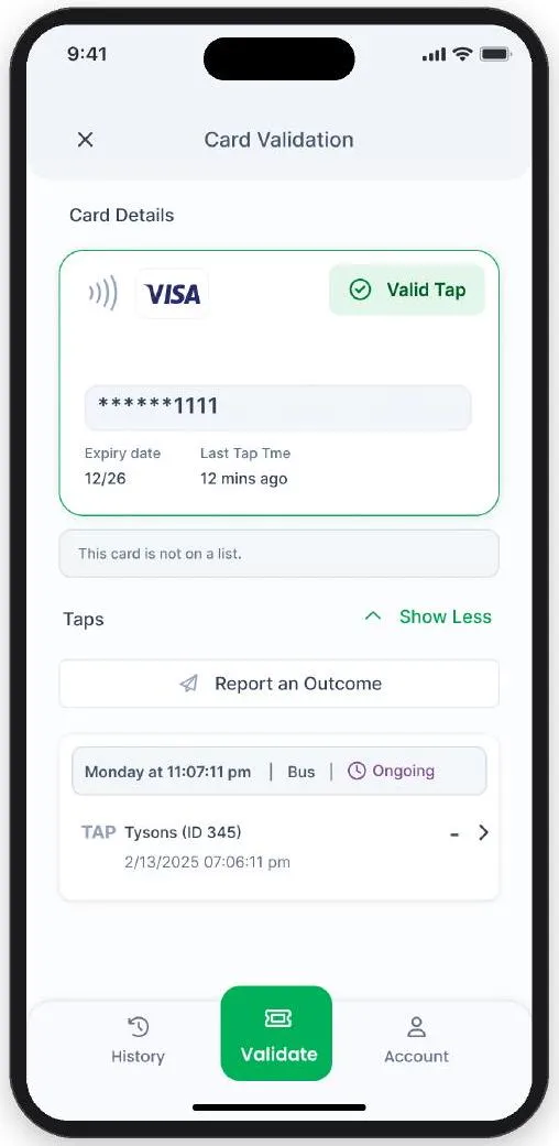 This image shows a card validation result in the Revenue Inspection iOS app. Each validation is now recorded automatically as an inspection activity.